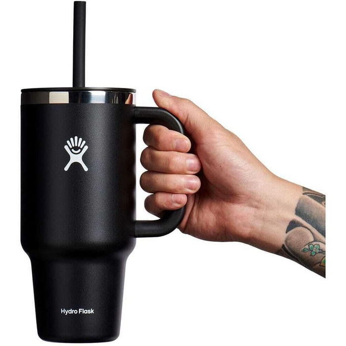 HYDRO FLASK - Travel Tumbler - Thermobecher 946 ml (32 Oz) with Press-In Straw Lid - Stainless Steel - Double-Wall Vacuum Insulation - Splash-Proof Lid - Black