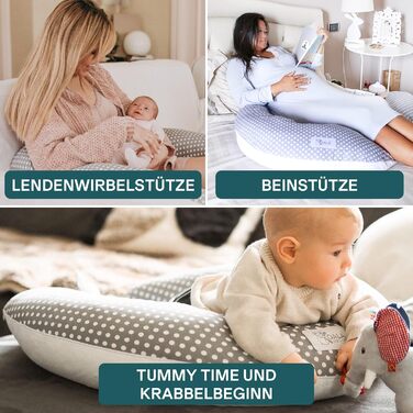 Подушка для годування Koala Babycare XXL: подушка для вагітних, для сну на боці, з бавовняним чохлом, сертифікований медичний виріб, подушка для дорослих (сірий - білий) X-Large сірий - білі крапки