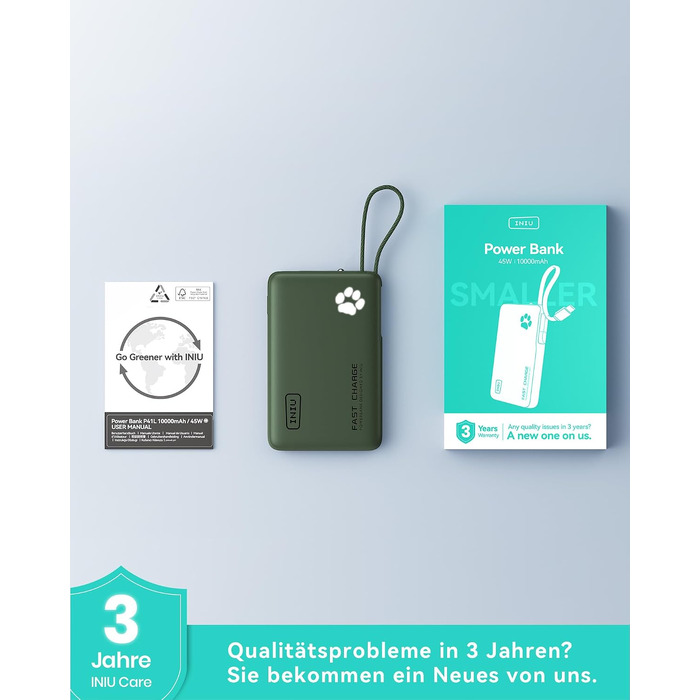Повербанк INIU 10000mAh 45W з вбудованим кабелем USB-C, швидка зарядка, компактний зовнішній акумулятор для iPhone 17 16 Pro, Samsung S26 S25, Xiaomi, iPad, бежевий