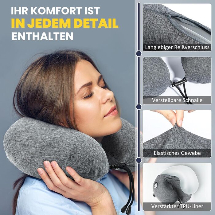 Подушка для шиї HIKENTURE надувна для подорожей літаком/поїздом з чохлом. Зручна подушка-ворітниця для дорослих. Кольори: синій, темно-сірий.
