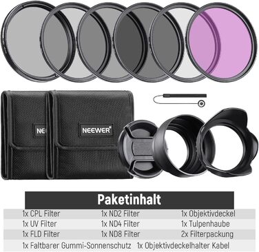 Набір фільтрів Neewer 49mm ND: UV, CPL, FLD, ND2, ND4, ND8, бленда та кришка об'єктива, сумісний з Canon, Nikon, Sony, Panasonic, DSLR