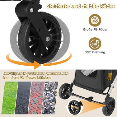 Візок для собак Mamizо 3-в-1: візок, переноска, сумка. До 20 кг, поворотні колеса, кошик, тримач для напоїв, для собак та котів (сріблястий, чорний)