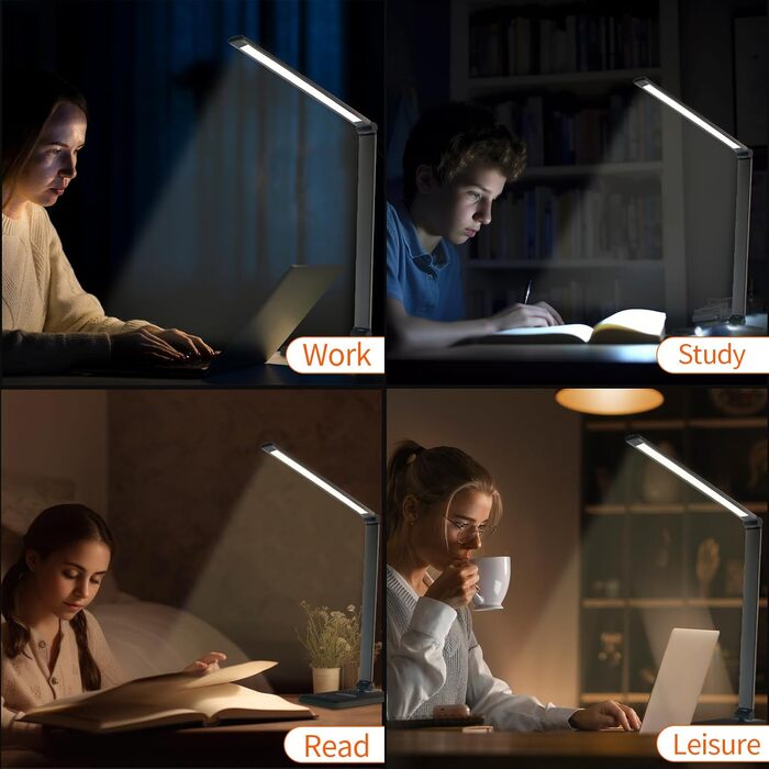 LED лампа настільна LQWELL® з регулюванням яскравості, металева, 5 кольорів, 10 рівнів яскравості, USB-зарядка, сенсорне управління, пам'ять, для дітей, чорна, QM019