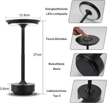 Бездротова настільна лампа - LED лампа на акумуляторі, торшери з сенсорним керуванням, диммуванням, USB зарядкою, 2 шт. (1 шт., чорний)