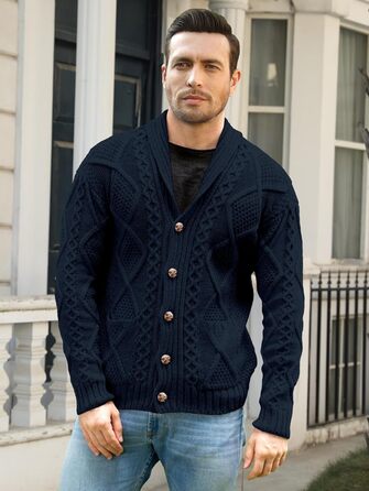 Чоловіча в'язана жилетка Comdecevis з коміром-шарфом, рельєфним в'язанням, ґудзиками, довгими рукавами, повсякденна, з кишенями, розмір L, темно-синій