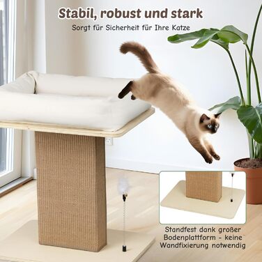 Котячий будиночок з дряпалкою Luxus: широка колона з берези, міцний, до 25 кг, сизаль, велике ліжко з подушкою з органічної льону, легко збирається, бежевий колір