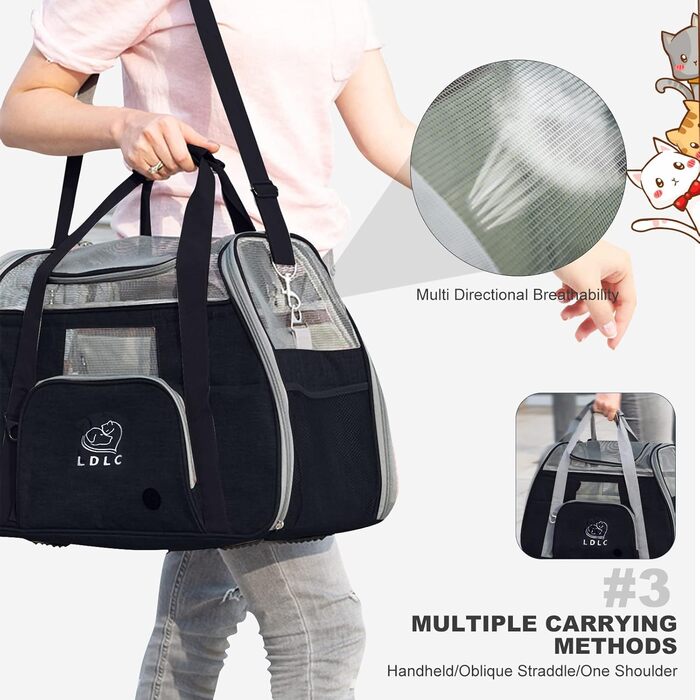 Транспортна переноска для собак та котів PETCUTE, чорна, 51 x 23 x 35 см, з м'яким матрацом, для подорожей, дозволена авіакомпаніями