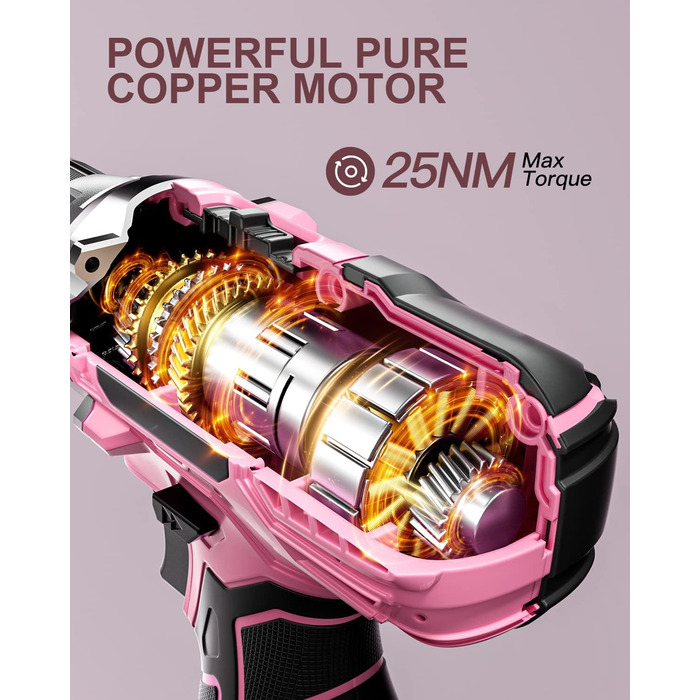 Акумуляторний шуруповерт 12V з набором 2000mAh, 24 шт. аксесуарів та кейсом, 25Nm, 2 швидкості, 25+1 момент, 10мм патрон, LED, рожевий