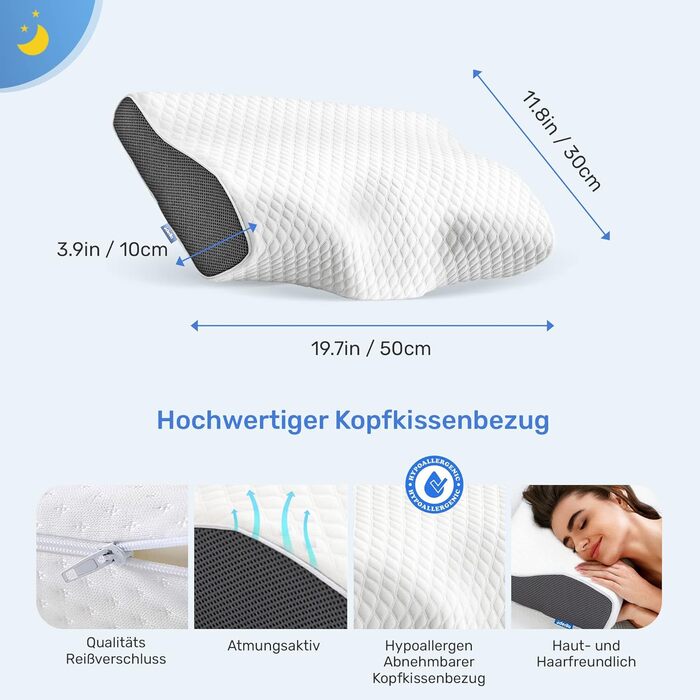 Ортопедична подушка Derila для шиї та голови, Memory Foam, оригінальна. Ергономічна подушка для сну на боці, спині та животі (Queen, 1 шт.)