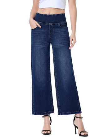 Джинси жіночі Baggy з високою талією, широкі, укорочені прямі, еластичні, літні, колір - темний індиго