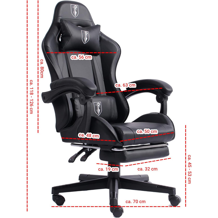 TRISENS Gaming Chair with Racing Design featuring flexible padded armrests, ergonomic PC gaming chair in leather look, desk chair with retractable footrest and extra support cushion, color: black