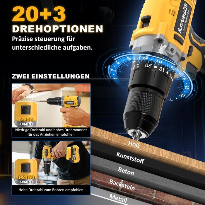 Акумуляторний ударний дриль-шуруповерт 21V - 120Nm безщітковий, комплект з 2 акумуляторами 4Ah, 20+3 ступені крутного моменту, патрон 13 мм, 2 швидкості, 35-елементний набір аксесуарів