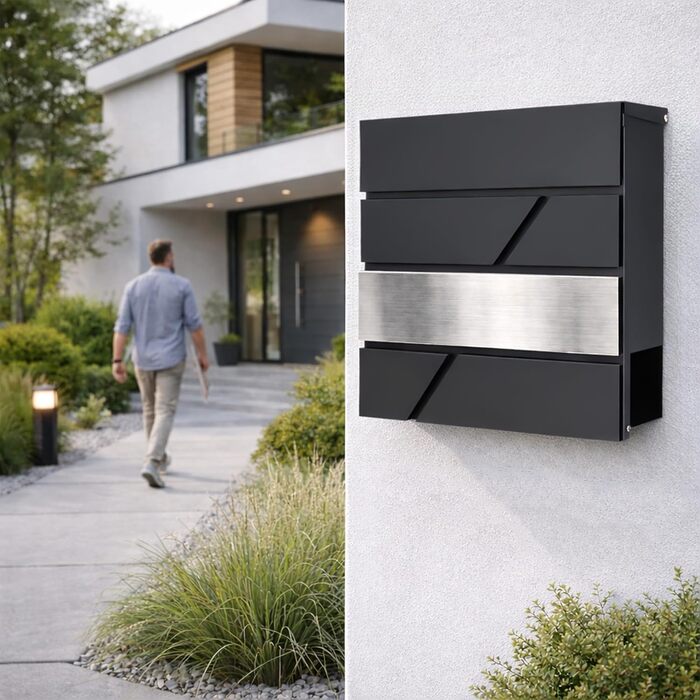 Поштовий ящик Verda з газетницею, нержавіюча сталь, антрацит, 37x37x11 см, з ключами, вікном та табличкою для імені - сучасний вуличний поштовий ящик