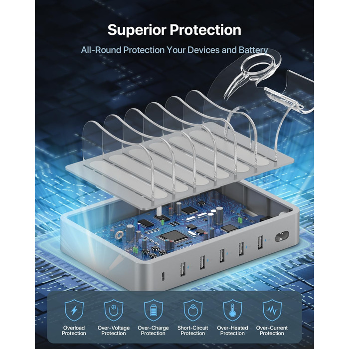 Зарядна станція SooPii USB 60W/12A з 6 портами, органайзер для декількох пристроїв з тримачем для Apple Watch, 6 кабелів в комплекті (срібло)