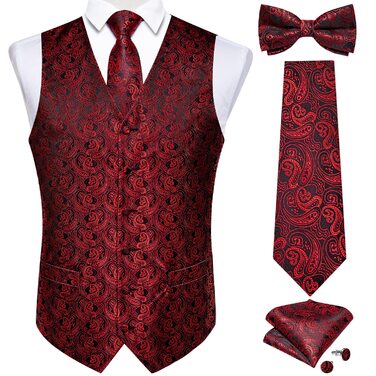 Костюмний жилет чоловічий DiBanGu для весілля з краваткою, нагрудником та запонками. Жилет з паєтковим візерунком у червоно-чорних кольорах, розмір XXL