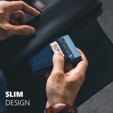 Стильний металевий гаманець для карток VULKIT з RFID-захистом, Pop-up механізмом, відділеннями EDC та вікном для ID, темно-синій