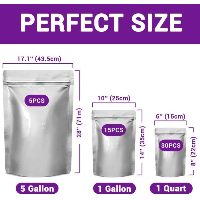 Mylar bags with oxygen absorbers for food, 43.5 x 71 cm, 25 x 35 cm, 1 Quart 15 x 22 cm, 8.6 Mil, Mylar bags with oxygen absorber 23000cc + Labels, vacuum sealer bags (50 pieces)