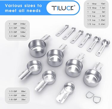 TILUCK Stainless Steel Measuring Cup and Spoon Set, Cups and Spoons, Kitchen Utensils for Cooking and Baking (XX-Large)
