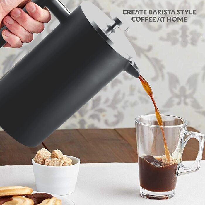 Make Large French Press Coffee Maker, Double Insulated 304 Stainless Steel French Press with 3 Extra Filters, 1.5 Liter Stainless Steel Coffee Machine (1500ml, Black) 1500ml Black