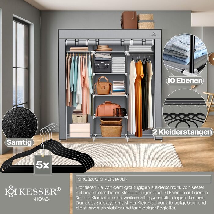 KESSER® Wardrobe Clothes Closet Stable with Clothes Rail & Shelves, Incl. 5x Clothes Hangers, Fabric Folding Closet for Bedroom, Dressing Room Wardrobe with Clothes Rack 150x45x175cm (Grey)