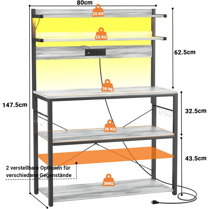 Кухонна полиця-стійка з розеткою, підставка для мікрохвильовки, 5-рівнева кавобар з LED-підсвічуванням, полиця для спецій, каструль та сковорідки (80см, Білий дуб)
