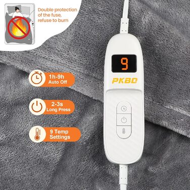 Електрична ковдра з підігрівом 190x130 см, фланель, 9 рівнів нагріву, автовимкнення, захист від перегріву, пральна, сіра