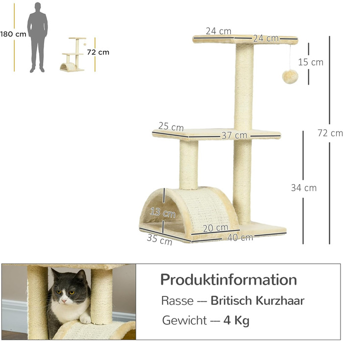Кігтеточка PawHut для котів, 52 см, з 2 рівнями, з іграшкою-м'ячиком, сізал, кремово-білий, 40x35x72 см