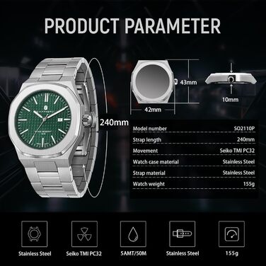 Годинник SAPPHERO для чоловіків з нержавіючої сталі, 50M водостійкий, класичний аналоговий кварцовий годинник з календарем. Елегантний подарунок для чоловіків (срібний браслет/зелене циферблат)