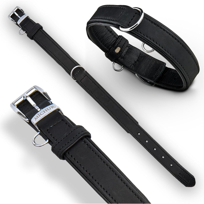 Мінімалістичний шкіряний нашийник для собак Michur Minimo, чорний, різні розміри (36-45 см)