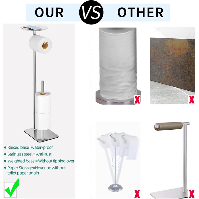 Підставка для туалетного паперу FEILERN, з полицею для запасних рулонів, нержавіюча сталь, щіткована поверхня