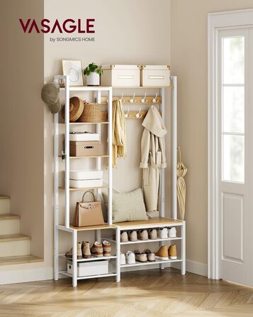 VASAGLE Coat Rack with Shoe Bench, Coat Stand, 5 Shelf Levels made of Particleboard, 9 Triple Hooks, 6 Side Hooks, 40 x 120 x 190 cm, Stone Grey-Ink Black HSR426B04 (Golden Oak + Cloud White)