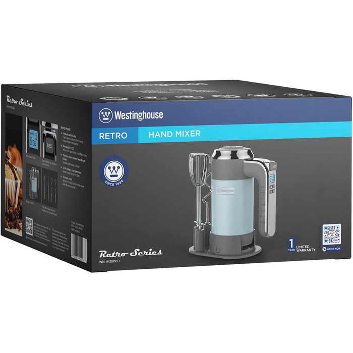Westinghouse Retro Hand Mixer, 5 Speed Settings + Turbo Function, 2 Beaters, 2 Dough Hooks, LCD Display, Timer, Non-Slip Base, Storage Bag, 350 Watts, Light Blue