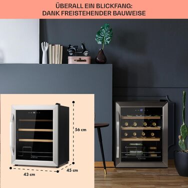 Klarstein Wine & Beverage Refrigerator - 1 Zone, UV Protection, 5-18°C, 16 Bottle Capacity, Freestanding, Silver & Black