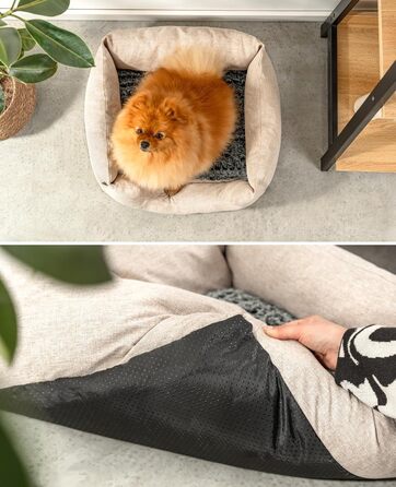 Lionto Dog Basket with Fluffy Reversible Cushion, Cozy Pet Bed in a Marbled Design with Deep Entry for Dogs & Cats of All Sizes, 80x60 cm, Soft Dog Bed, (Beige, L 60 x W 50 x H 22 cm (with name imprint))
