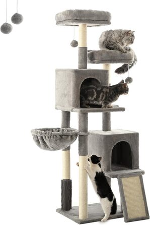 Кігтеточка для котів FourFurPets 156 см з драбиною з сизалю, 2 платформи, 2 печери, гамак, м'ячики (світло-сірий)