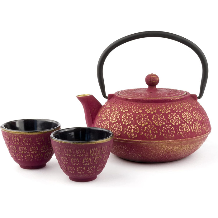 Bredemeijer Red Asian Cast Iron Teapot Set 0.6 Liter with 2 Cups