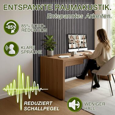 Акустичні панелі TRESKO з дерева 120×60x2,1 см, 2 шт. — 3D стінові ламелі для шумоізоляції, колір Дуб Антрацит, з набором для монтажу та 4 вішаками