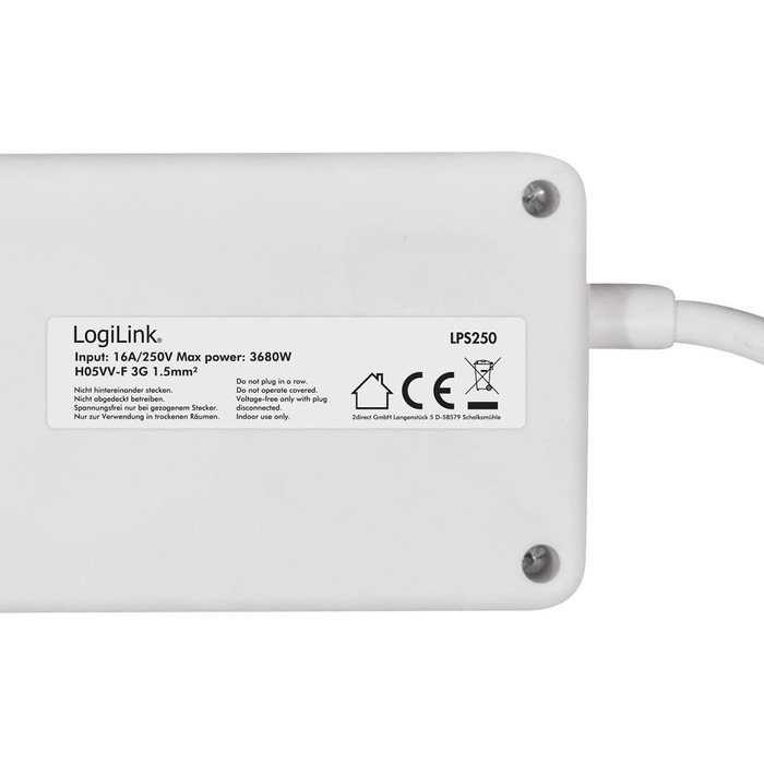 Смуга розподілу LogiLink LPS233 з 6 розетками, захистом від перенапруги та дитячим замком, CEE 7/3 (біла)