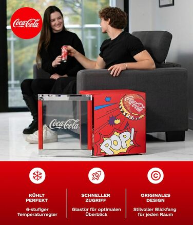 Холодильник Coca-Cola PopArt Mini (48L) - Кольоровий міні-холодильник з дверцятами зі скла, тихий та енергоефективний. Ідеально для офісу, вечірок та геймінгу. Для напоїв.