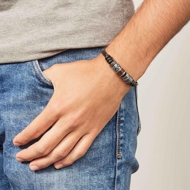 Чоловічий браслет Fossil з нержавіючої сталі та шкіри з застібкою-метеликом, колір: вугільно-чорний