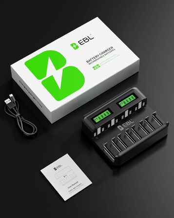 Зарядний пристрій EBL для акумуляторів AA AAA C D NI-MH, Type-C, LCD дисплей, швидка зарядка