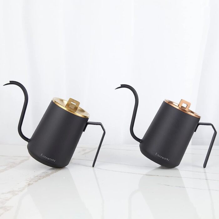 Easyworkz Swan Neck Pouring Kettle 600ml Stainless Steel Hand Drip Coffee Pot with Long Narrow Spout, Brushed Gold Black