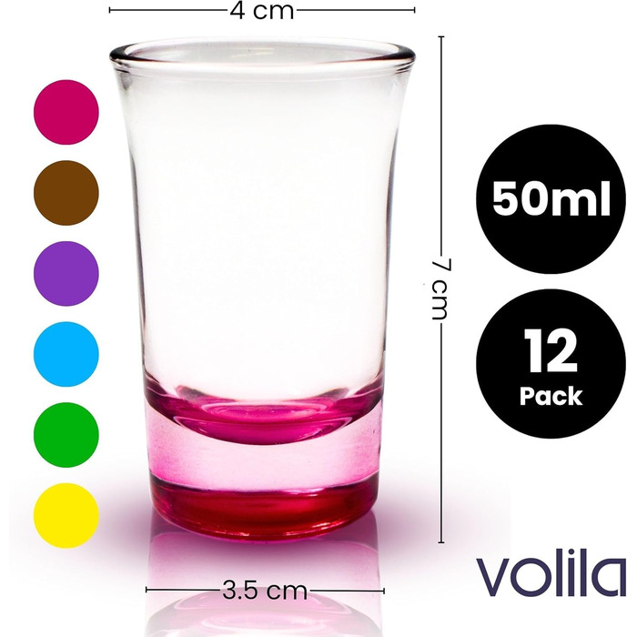 Набір склянок для шотів Volila 12 шт, 6cl, кольорові, міцне скло для горілки, текіли, вечірок, можна мити в посудомийній машині