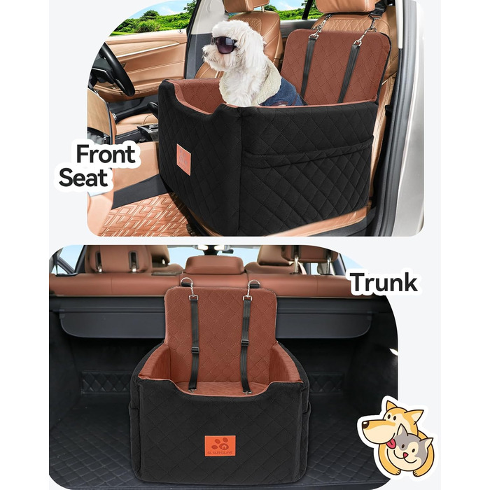Автокрісло для собак маленьких та середніх порід (до 15 кг), знімний, миючий, з 2 ременями безпеки. Чорний/Коричневий колір, універсальний розмір