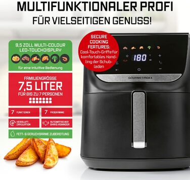 Фритюрниця готує без олії Gourmetmaxx AirGenius 7.5L з 7 програмами та LED-дисплеєм | Міні-піч для смаження без жиру до 7 осіб