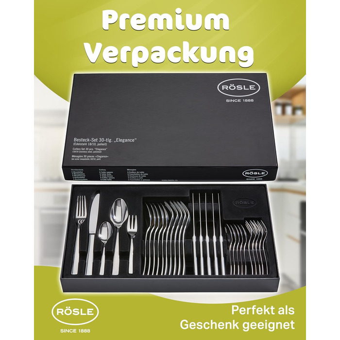RÖSLE ELEGANCE Cutlery Set for 6 People – 30-Piece Highly Polished Stainless Steel 18/10 Cutlery Set – Premium Cutlery, Dishwasher-Safe Cutlery in an Elegant Gift Box, 30-Piece Dinner Cutlery Set