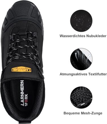Черевики робочі чоловічі LARNMERN S3, водонепроникні, антистатичні, з металевим підноском, для будівництва, комфортні, чорні, 45 EU, широкі