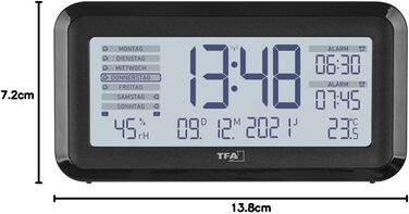 TFA Dostmann Digital Radio Alarm Clock BOXX2, 60.2562.01, German display, 2 alarm times, room climate monitoring, with weekday, with battery, black, (L) 138 x (W) 52 x (H) 72 mm