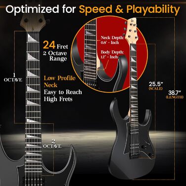 Електрогітара Pyle Prog Rock EG Series з підсилювачем, 39 дюймів, Dual Humbucker, палісандр, чорний