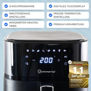 Фритюрниця без олії Sommertal HF760-7,6L XXL Airfryer з сенсорним екраном, 8 програм, 2000 Вт - економна та здорова, велика фритюрниця